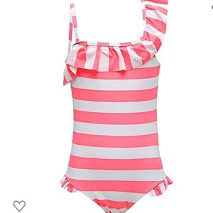 Pink stripe one-piece one-shoulder ruffle swimsuit